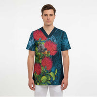 New Zealand Matariki Piwakawaka Scrub Top Maori Koru With Pohutukawa Flowers