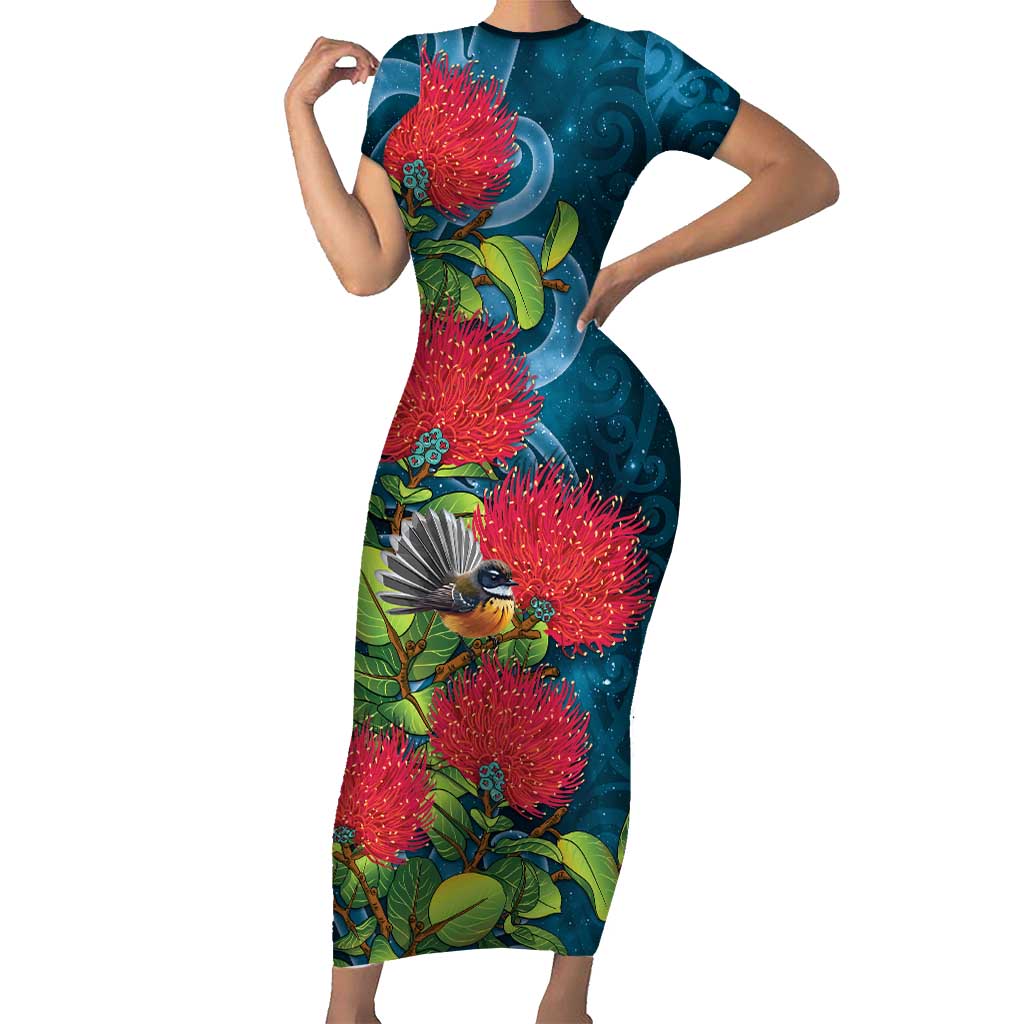 New Zealand Matariki Piwakawaka Short Sleeve Bodycon Dress Maori Koru With Pohutukawa Flowers LT05 Long Dress Dark Teal - Polynesian Pride