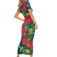 New Zealand Matariki Piwakawaka Short Sleeve Bodycon Dress Maori Koru With Pohutukawa Flowers LT05 - Polynesian Pride