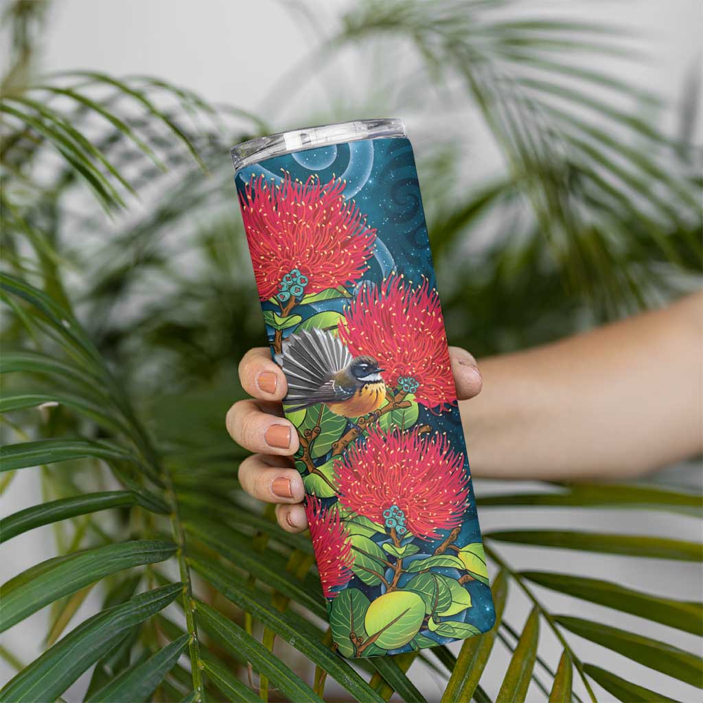 New Zealand Matariki Piwakawaka Skinny Tumbler Maori Koru With Pohutukawa Flowers LT05 - Polynesian Pride