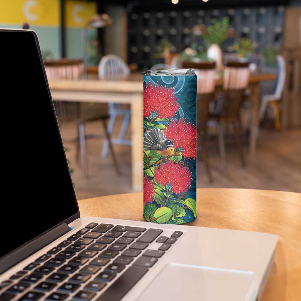 New Zealand Matariki Piwakawaka Skinny Tumbler Maori Koru With Pohutukawa Flowers LT05 - Polynesian Pride