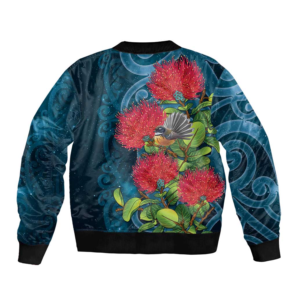 New Zealand Matariki Piwakawaka Sleeve Zip Bomber Jacket Maori Koru With Pohutukawa Flowers