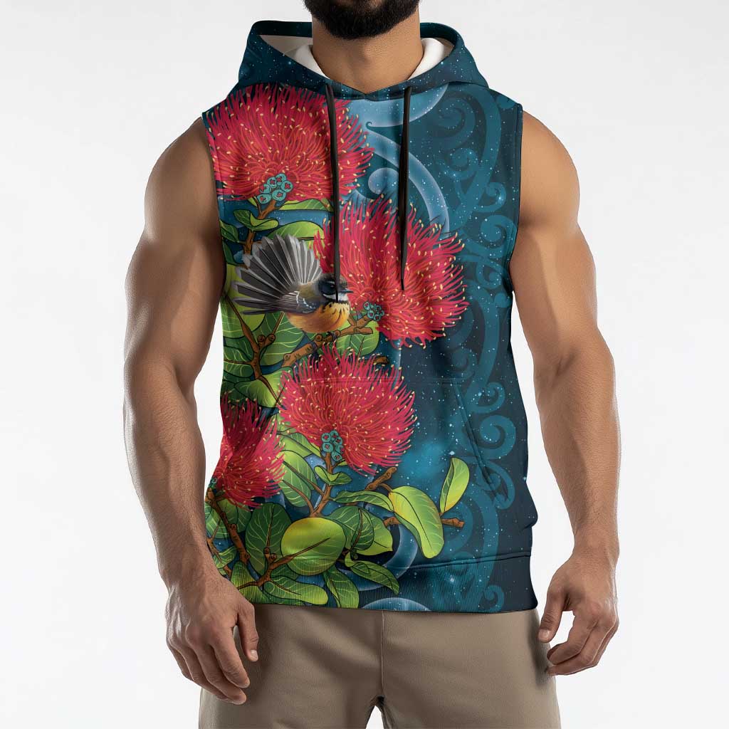 New Zealand Matariki Piwakawaka Sleeveless Hoodie Maori Koru With Pohutukawa Flowers LT05 - Polynesian Pride