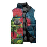 New Zealand Matariki Piwakawaka Sleeveless Puffer Jacket Maori Koru With Pohutukawa Flowers