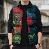 New Zealand Matariki Piwakawaka Sleeveless Puffer Jacket Maori Koru With Pohutukawa Flowers
