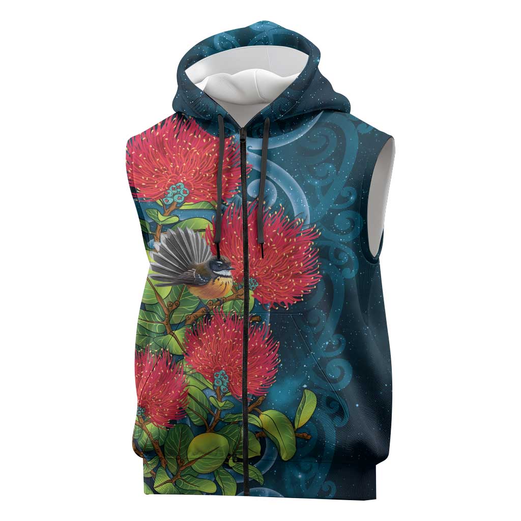 New Zealand Matariki Piwakawaka Sleeveless Zip Hoodie Maori Koru With Pohutukawa Flowers LT05 Dark Teal - Polynesian Pride