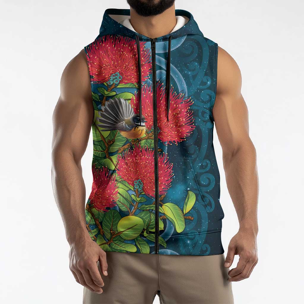 New Zealand Matariki Piwakawaka Sleeveless Zip Hoodie Maori Koru With Pohutukawa Flowers LT05 - Polynesian Pride