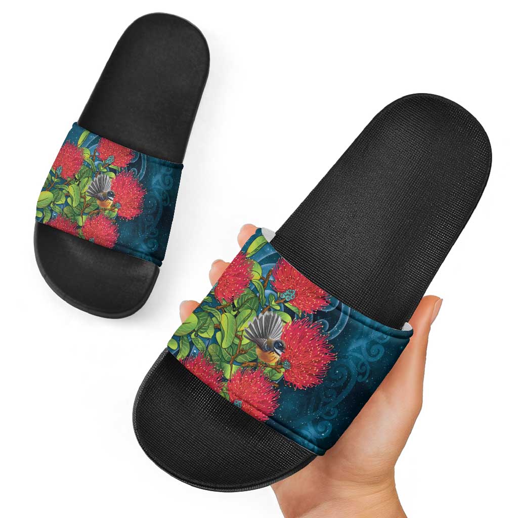 New Zealand Matariki Piwakawaka Slide Sandals Maori Koru With Pohutukawa Flowers LT05 - Polynesian Pride