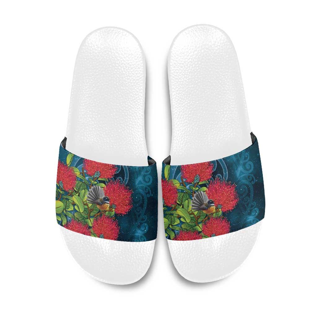 New Zealand Matariki Piwakawaka Slide Sandals Maori Koru With Pohutukawa Flowers LT05 Dark Teal - Polynesian Pride