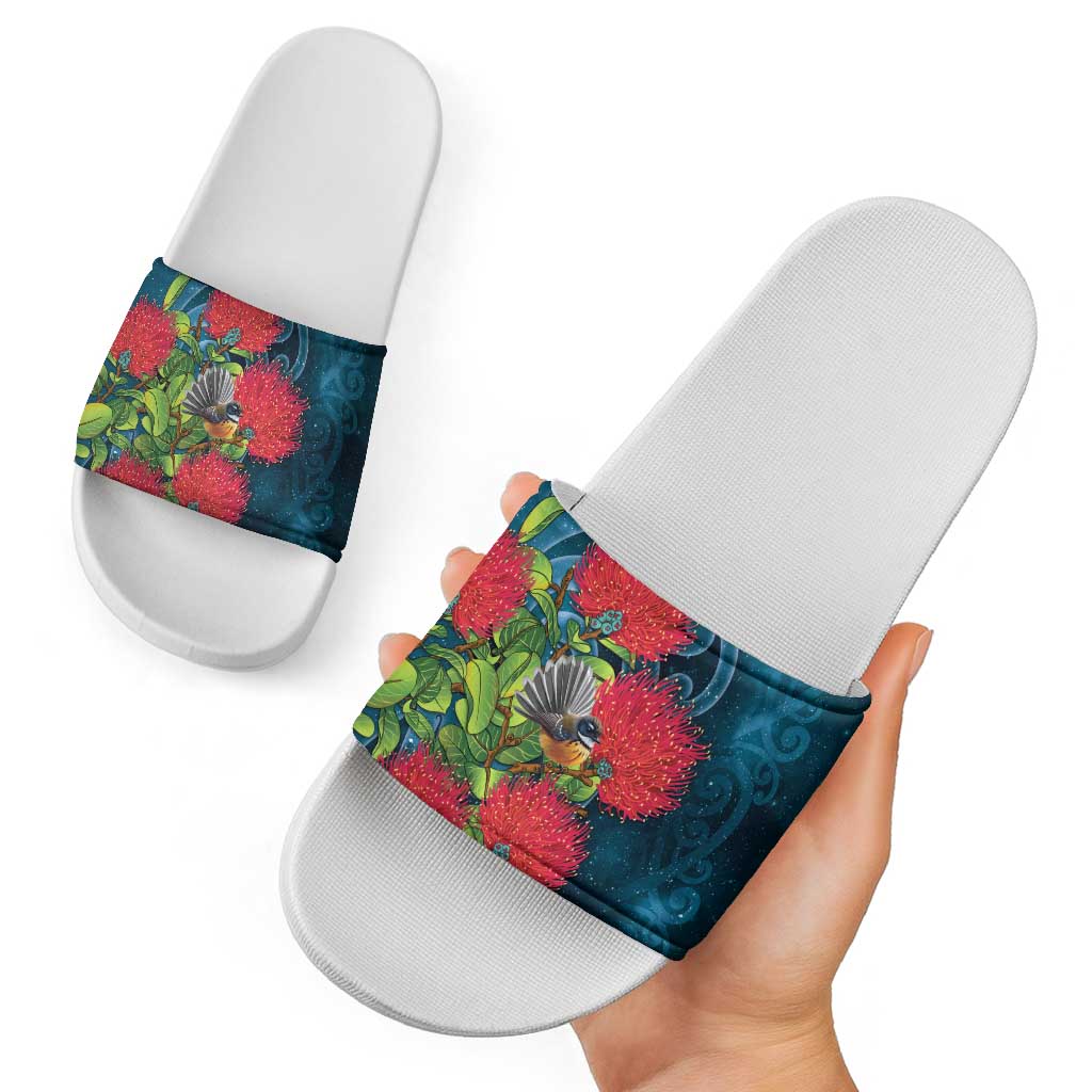 New Zealand Matariki Piwakawaka Slide Sandals Maori Koru With Pohutukawa Flowers LT05 - Polynesian Pride