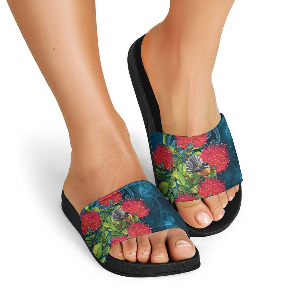 New Zealand Matariki Piwakawaka Slide Sandals Maori Koru With Pohutukawa Flowers LT05 - Polynesian Pride