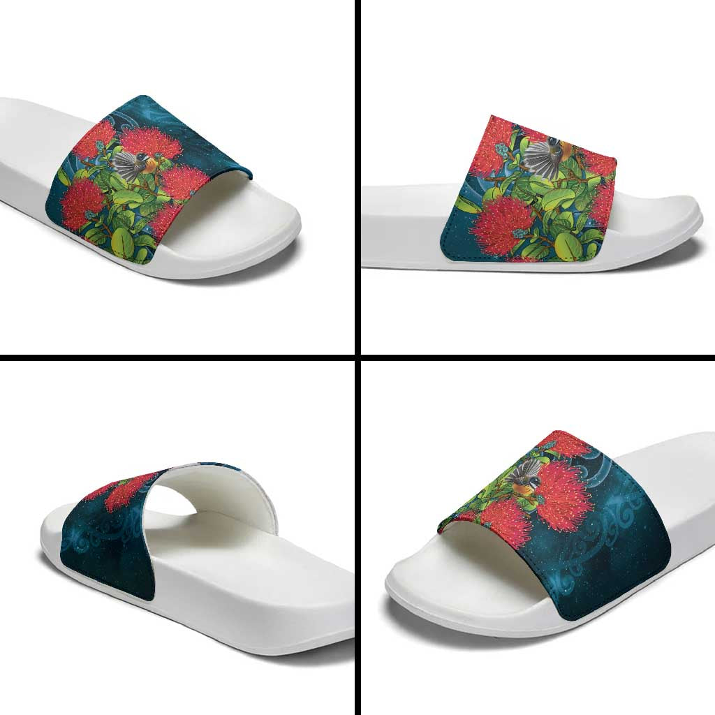 New Zealand Matariki Piwakawaka Slide Sandals Maori Koru With Pohutukawa Flowers LT05 - Polynesian Pride