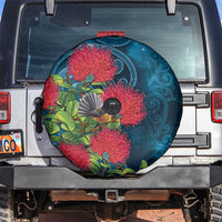 New Zealand Matariki Piwakawaka Spare Tire Cover Maori Koru With Pohutukawa Flowers LT05 Dark Teal - Polynesian Pride