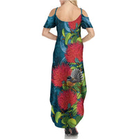 New Zealand Matariki Piwakawaka Summer Maxi Dress Maori Koru With Pohutukawa Flowers LT05 - Polynesian Pride