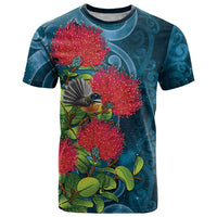New Zealand Matariki Piwakawaka T Shirt Maori Koru With Pohutukawa Flowers LT05 Dark Teal - Polynesian Pride