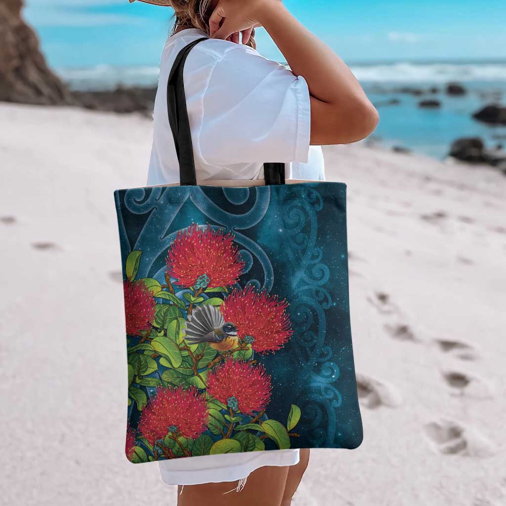 New Zealand Matariki Piwakawaka Tote Bag Maori Koru With Pohutukawa Flowers