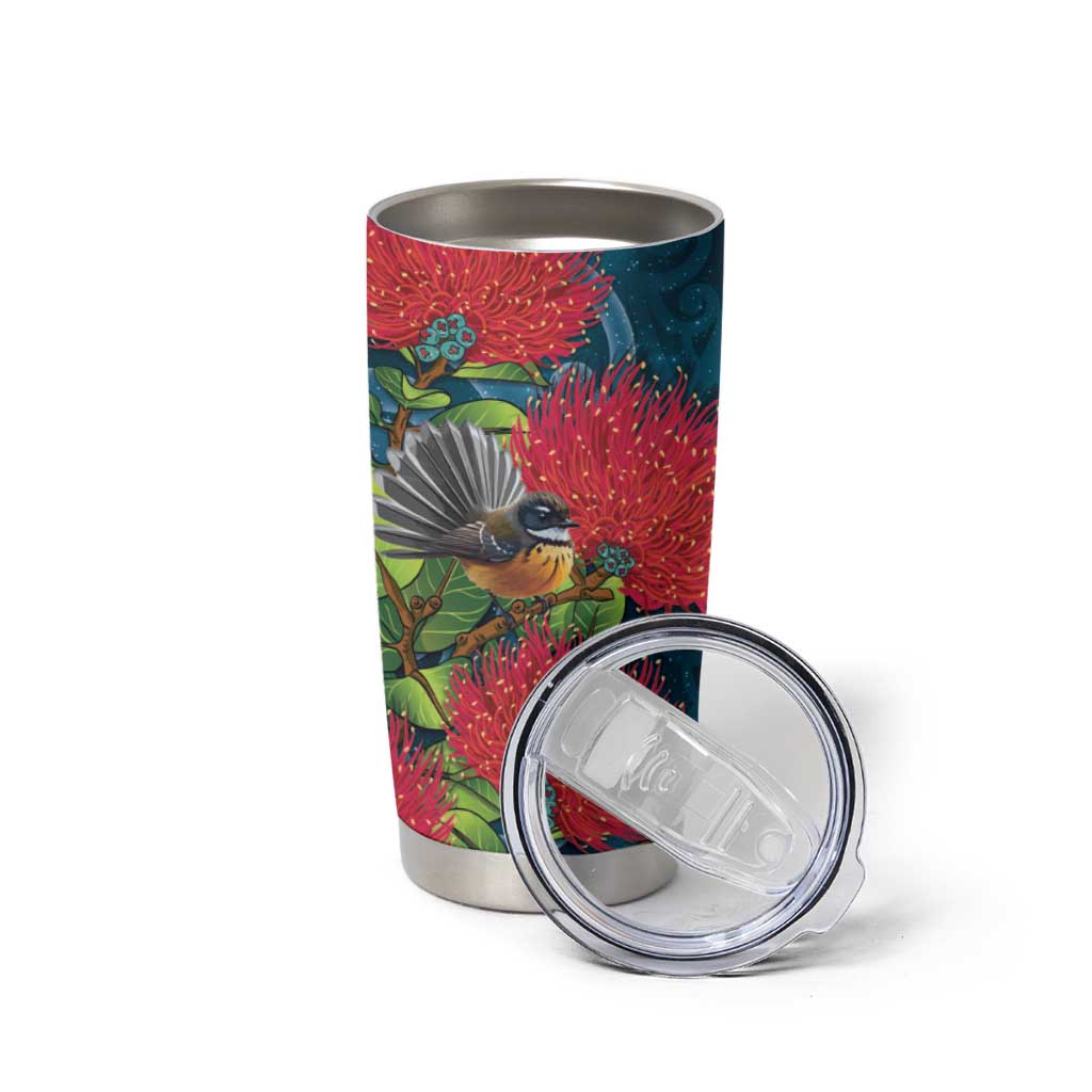 New Zealand Matariki Piwakawaka Tumbler Cup Maori Koru With Pohutukawa Flowers LT05 - Polynesian Pride