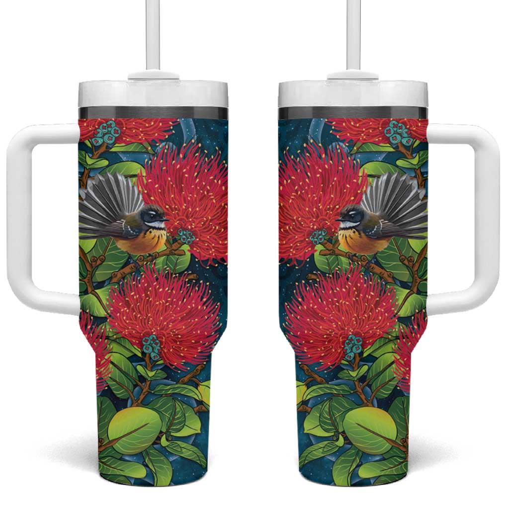 New Zealand Matariki Piwakawaka Tumbler With Handle Maori Koru With Pohutukawa Flowers