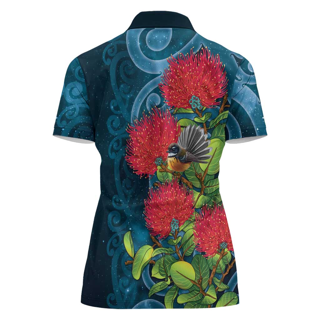 New Zealand Matariki Piwakawaka Women Polo Shirt Maori Koru With Pohutukawa Flowers LT05 - Polynesian Pride