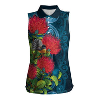 New Zealand Matariki Piwakawaka Women Sleeveless Polo Shirt Maori Koru With Pohutukawa Flowers LT05 Female Dark Teal - Polynesian Pride