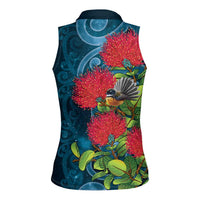 New Zealand Matariki Piwakawaka Women Sleeveless Polo Shirt Maori Koru With Pohutukawa Flowers LT05 - Polynesian Pride
