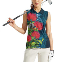 New Zealand Matariki Piwakawaka Women Sleeveless Polo Shirt Maori Koru With Pohutukawa Flowers LT05 - Polynesian Pride