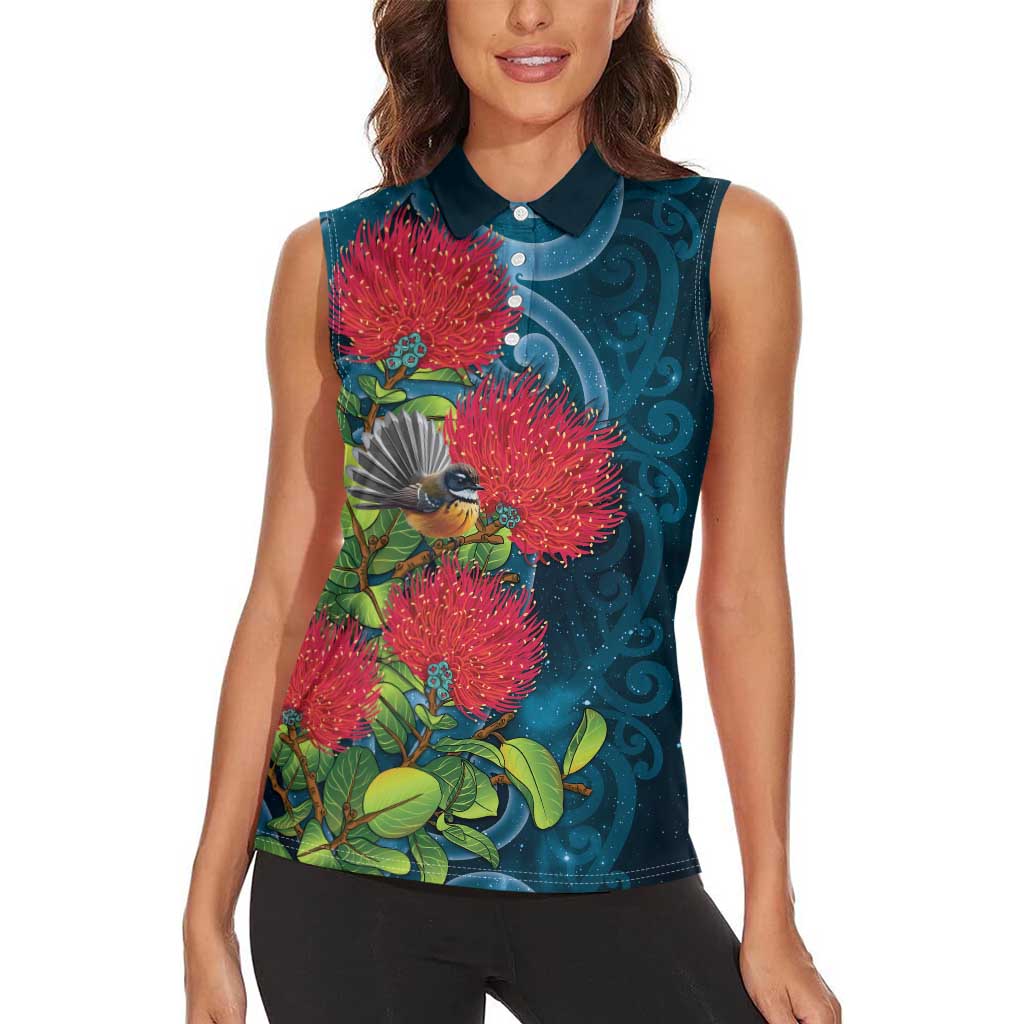 New Zealand Matariki Piwakawaka Women Sleeveless Polo Shirt Maori Koru With Pohutukawa Flowers LT05 - Polynesian Pride