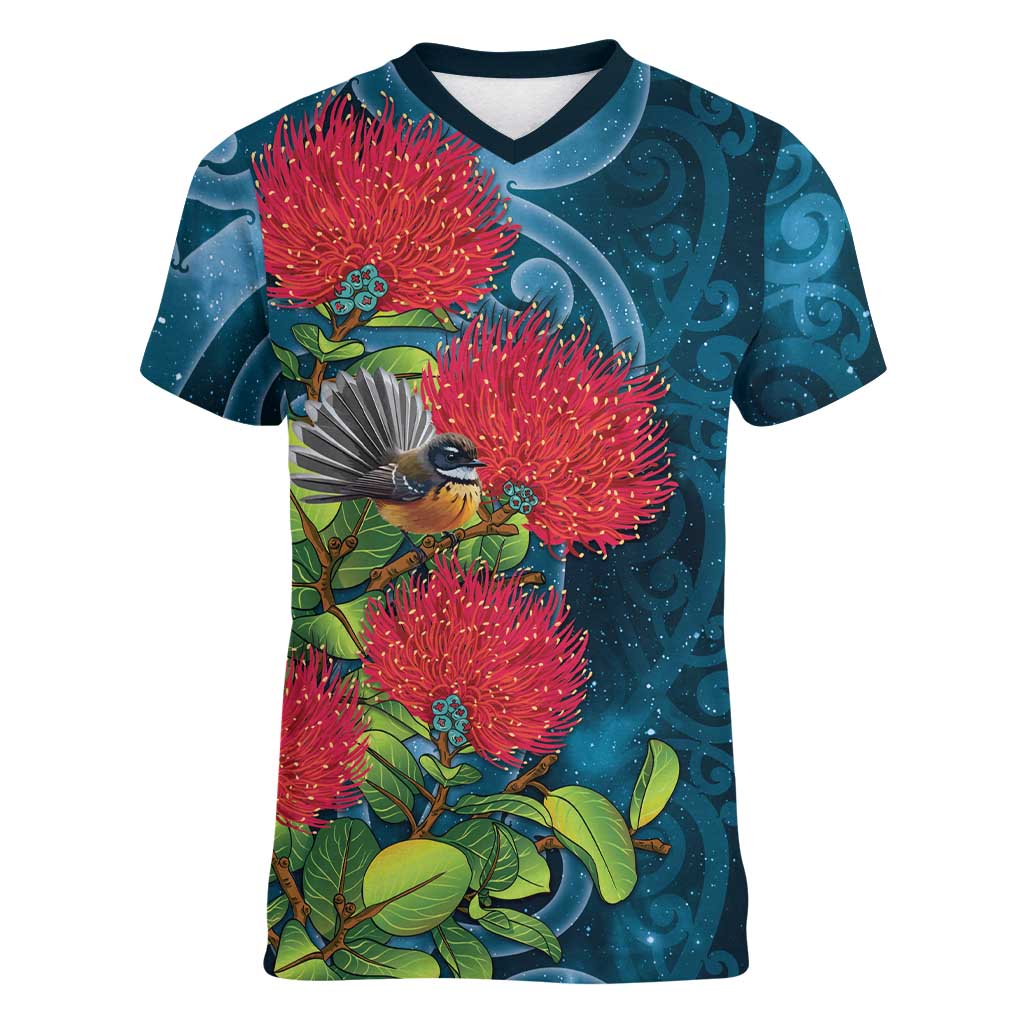 New Zealand Matariki Piwakawaka Women V-Neck T-Shirt Maori Koru With Pohutukawa Flowers
