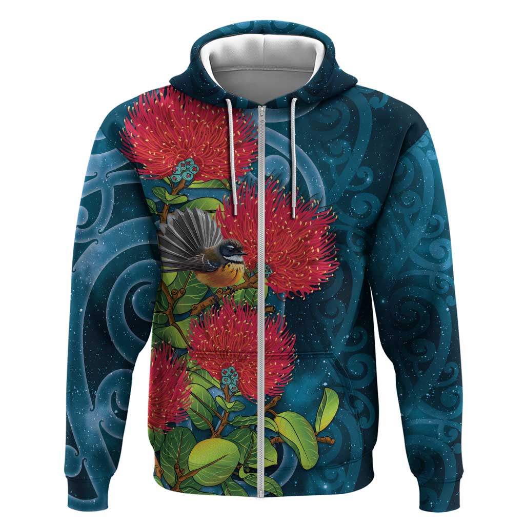 New Zealand Matariki Piwakawaka Zip Hoodie Maori Koru With Pohutukawa Flowers LT05 Zip Hoodie Dark Teal - Polynesian Pride