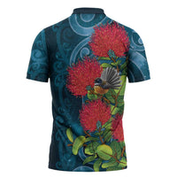 New Zealand Matariki Piwakawaka Zipper Polo Shirt Maori Koru With Pohutukawa Flowers LT05 - Polynesian Pride