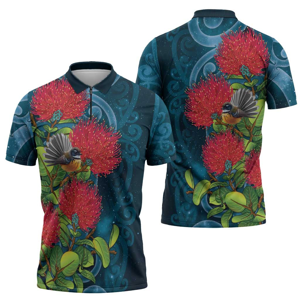 New Zealand Matariki Piwakawaka Zipper Polo Shirt Maori Koru With Pohutukawa Flowers LT05 - Polynesian Pride