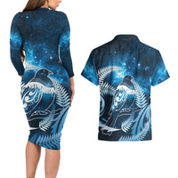 New Zealand Matariki Couples Matching Long Sleeve Bodycon Dress and Hawaiian Shirt Pigeon Kereru Maori Fern Art LT05 - Polynesian Pride