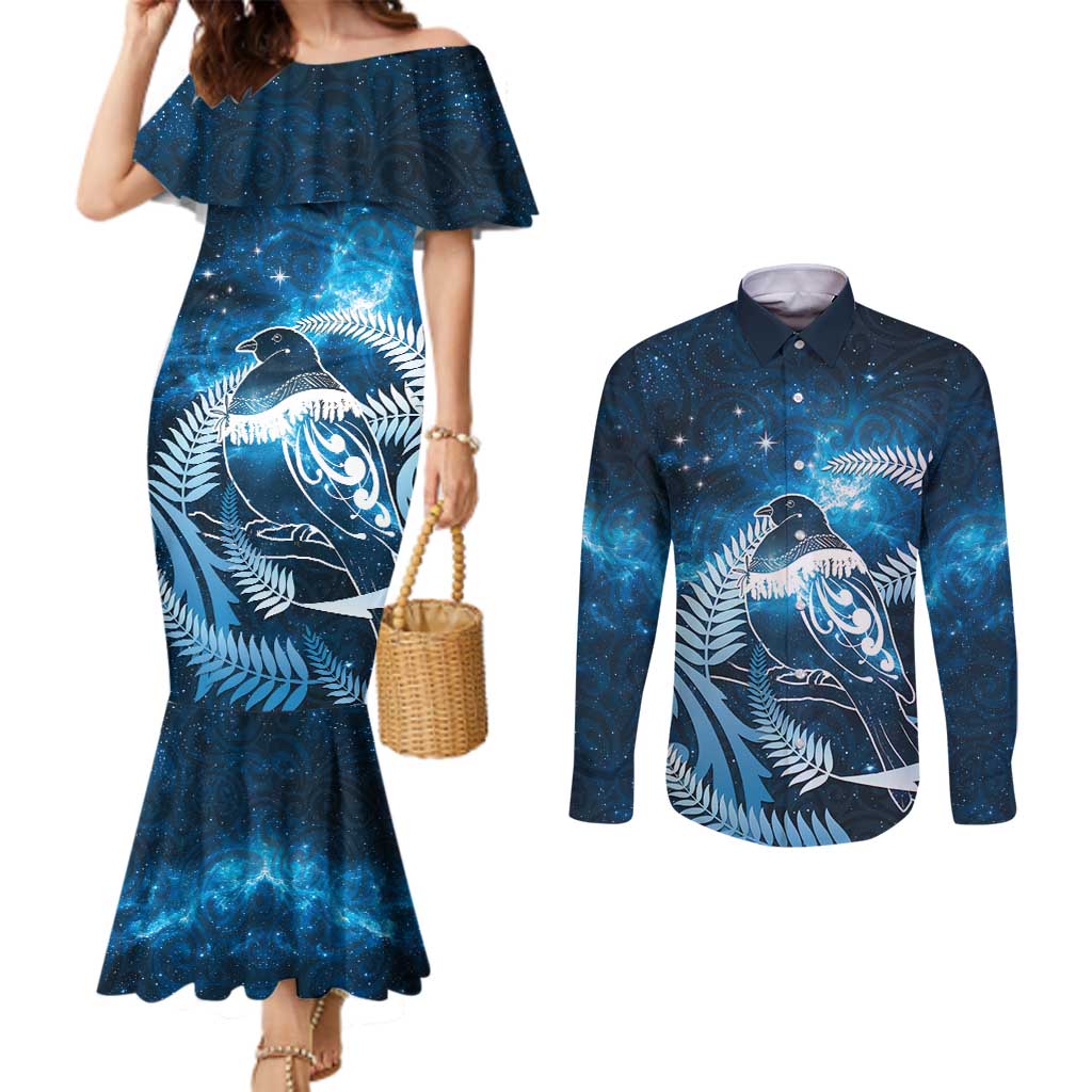 New Zealand Matariki Couples Matching Mermaid Dress and Long Sleeve Button Shirt Pigeon Kereru Maori Fern Art