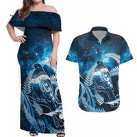 New Zealand Matariki Couples Matching Off Shoulder Maxi Dress and Hawaiian Shirt Pigeon Kereru Maori Fern Art LT05 Blue - Polynesian Pride