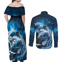 New Zealand Matariki Couples Matching Off Shoulder Maxi Dress and Long Sleeve Button Shirt Pigeon Kereru Maori Fern Art LT05 - Polynesian Pride