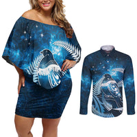 New Zealand Matariki Couples Matching Off Shoulder Short Dress and Long Sleeve Button Shirt Pigeon Kereru Maori Fern Art LT05 Blue - Polynesian Pride
