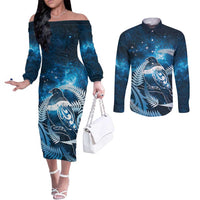 New Zealand Matariki Couples Matching Off The Shoulder Long Sleeve Dress and Long Sleeve Button Shirt Pigeon Kereru Maori Fern Art LT05 Blue - Polynesian Pride