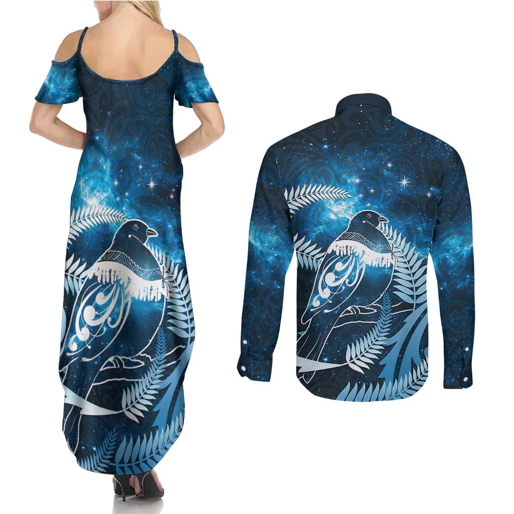 New Zealand Matariki Couples Matching Summer Maxi Dress and Long Sleeve Button Shirt Pigeon Kereru Maori Fern Art LT05 - Polynesian Pride