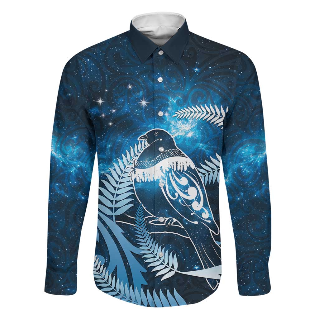 New Zealand Matariki Family Matching Long Sleeve Bodycon Dress and Hawaiian Shirt Pigeon Kereru Maori Fern Art LT05 Dad's Shirt - Long Sleeve Blue - Polynesian Pride