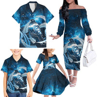 New Zealand Matariki Family Matching Off The Shoulder Long Sleeve Dress and Hawaiian Shirt Pigeon Kereru Maori Fern Art LT05 - Polynesian Pride