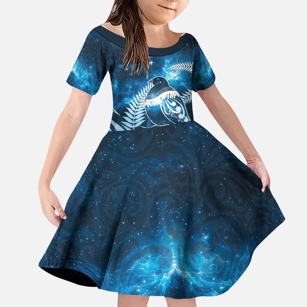 New Zealand Matariki Family Matching Off Shoulder Maxi Dress and Hawaiian Shirt Pigeon Kereru Maori Fern Art LT05 Daughter's Dress Blue - Polynesian Pride
