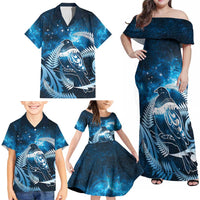 New Zealand Matariki Family Matching Off Shoulder Maxi Dress and Hawaiian Shirt Pigeon Kereru Maori Fern Art LT05 - Polynesian Pride