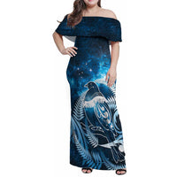 New Zealand Matariki Family Matching Off Shoulder Maxi Dress and Hawaiian Shirt Pigeon Kereru Maori Fern Art LT05 Mom's Dress Blue - Polynesian Pride