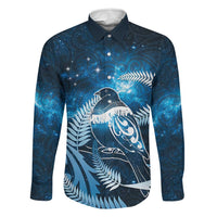 New Zealand Matariki Family Matching Summer Maxi Dress and Hawaiian Shirt Pigeon Kereru Maori Fern Art LT05 Dad's Shirt - Long Sleeve Blue - Polynesian Pride