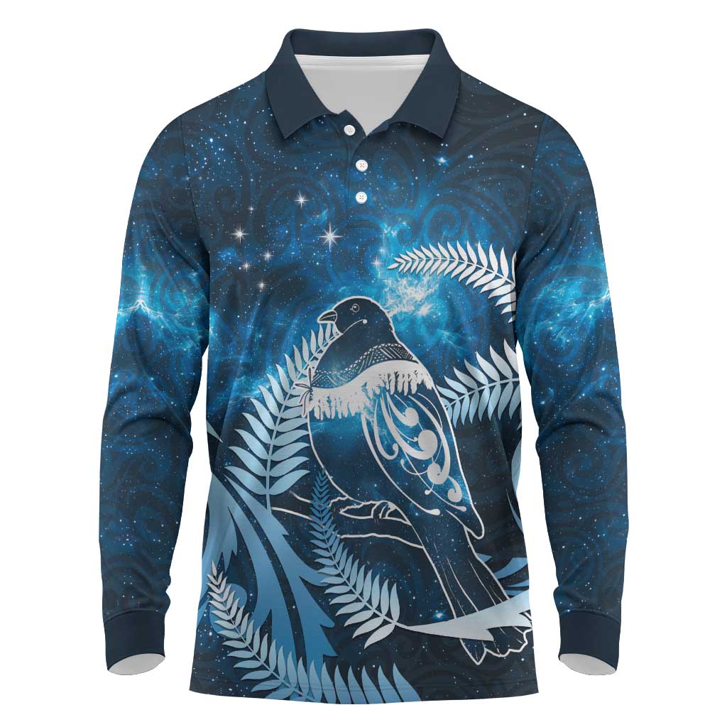 New Zealand Matariki Long Sleeve Polo Shirt Pigeon Kereru Maori Fern Art LT05 Blue - Polynesian Pride
