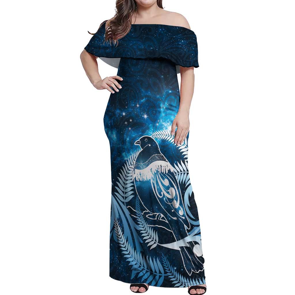 New Zealand Matariki Off Shoulder Maxi Dress Pigeon Kereru Maori Fern Art LT05 Women Blue - Polynesian Pride