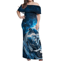 New Zealand Matariki Off Shoulder Maxi Dress Pigeon Kereru Maori Fern Art LT05 Women Blue - Polynesian Pride
