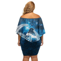 New Zealand Matariki Off Shoulder Short Dress Pigeon Kereru Maori Fern Art LT05 - Polynesian Pride