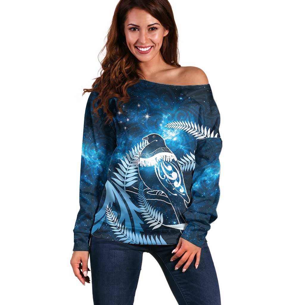 New Zealand Matariki Off Shoulder Sweater Pigeon Kereru Maori Fern Art
