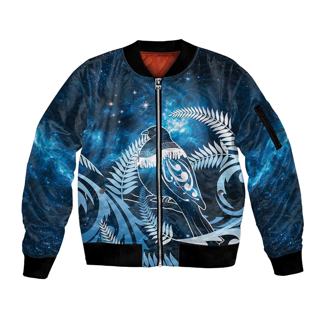 New Zealand Matariki Sleeve Zip Bomber Jacket Pigeon Kereru Maori Fern Art LT05 Unisex Blue - Polynesian Pride